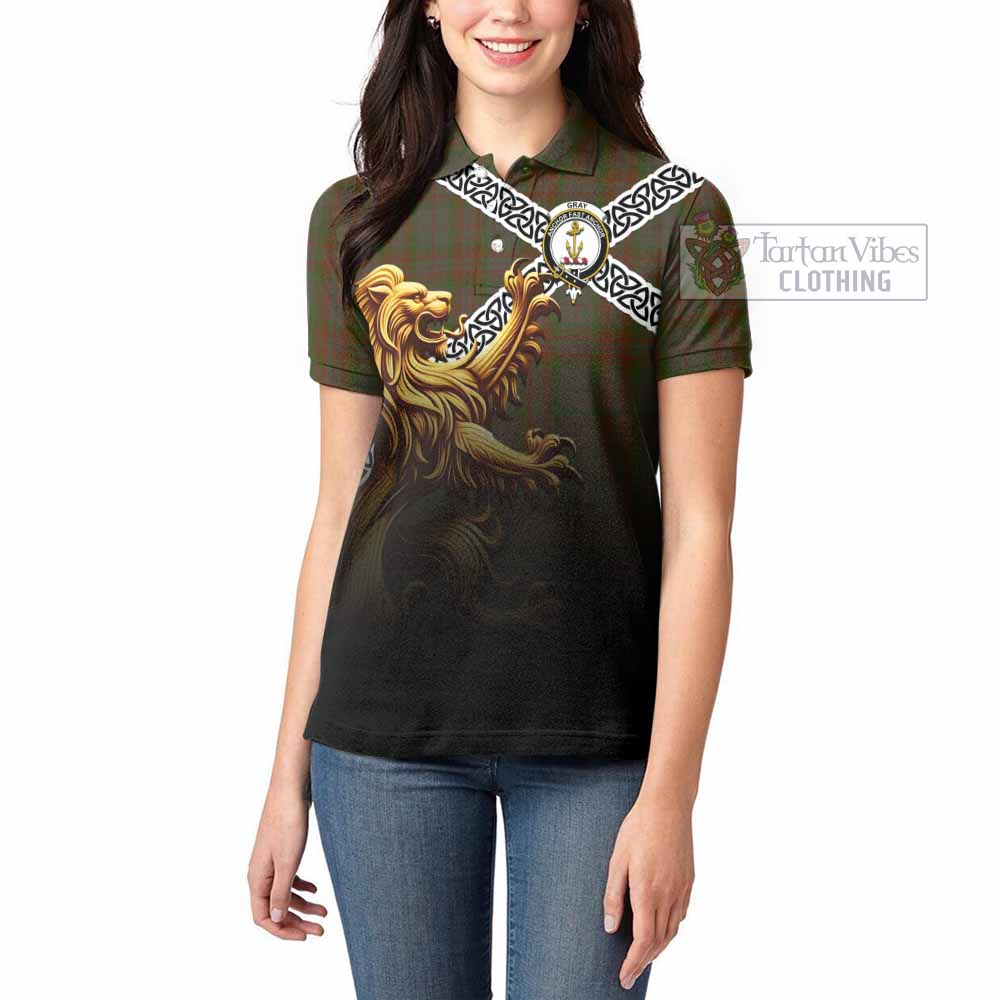 Gray Crest Tartan Women's Polo Shirt with Golden Lion Emblem Celtic Style - Tartan Vibes Clothing