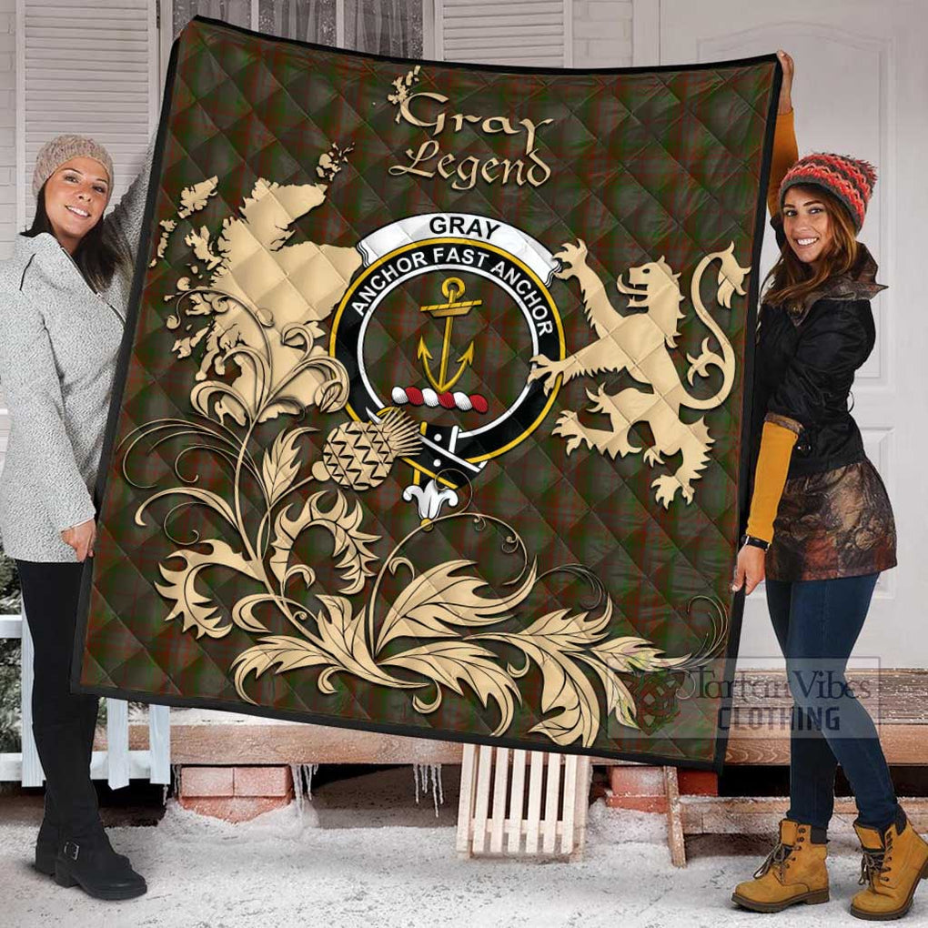 Tartan Vibes Clothing Gray Tartan Quilt with Family Crest and Scottish Symbol Style