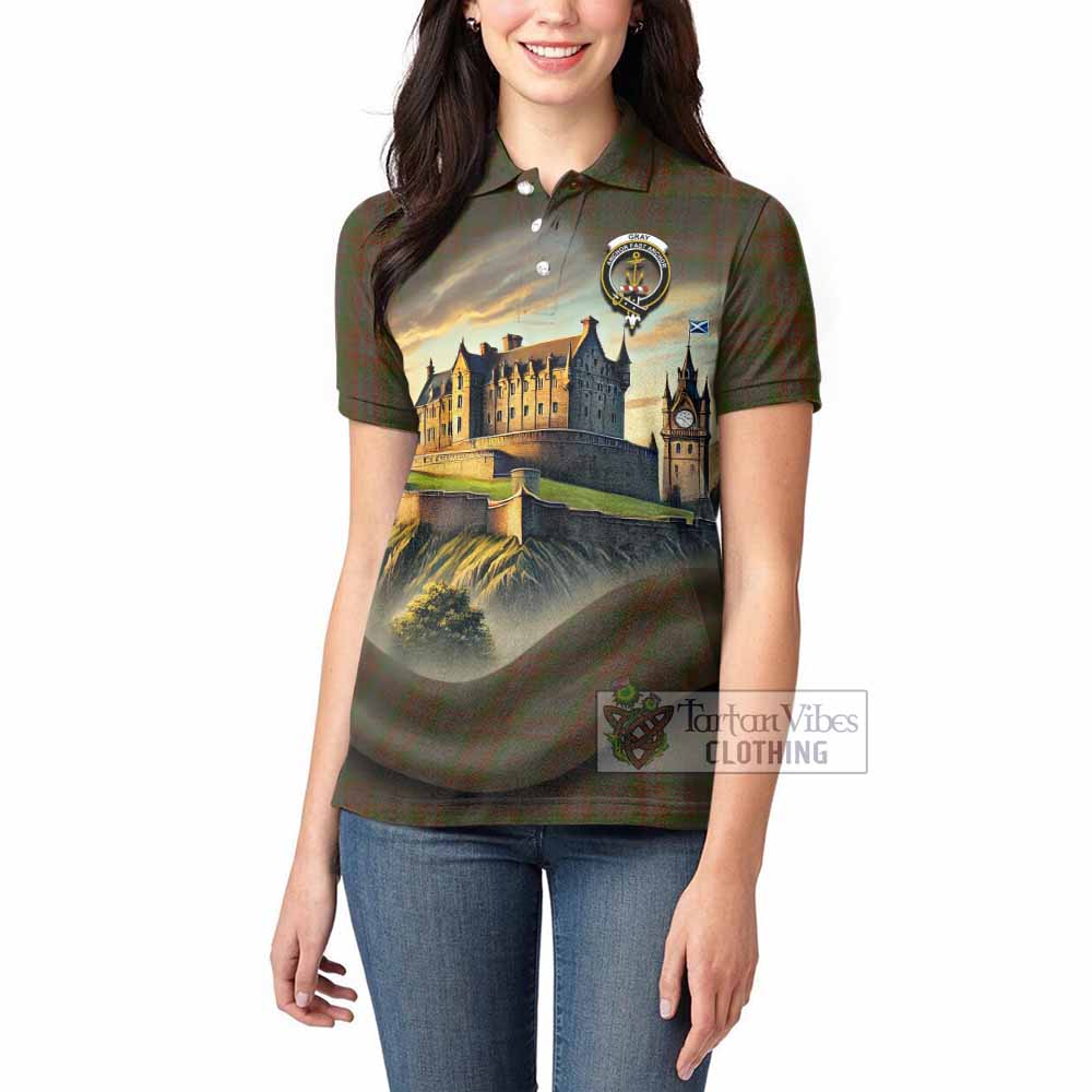Gray Tartan Family Crest Women's Polo Shirt with Scottish Ancient Castle Style - Tartan Vibes Clothing