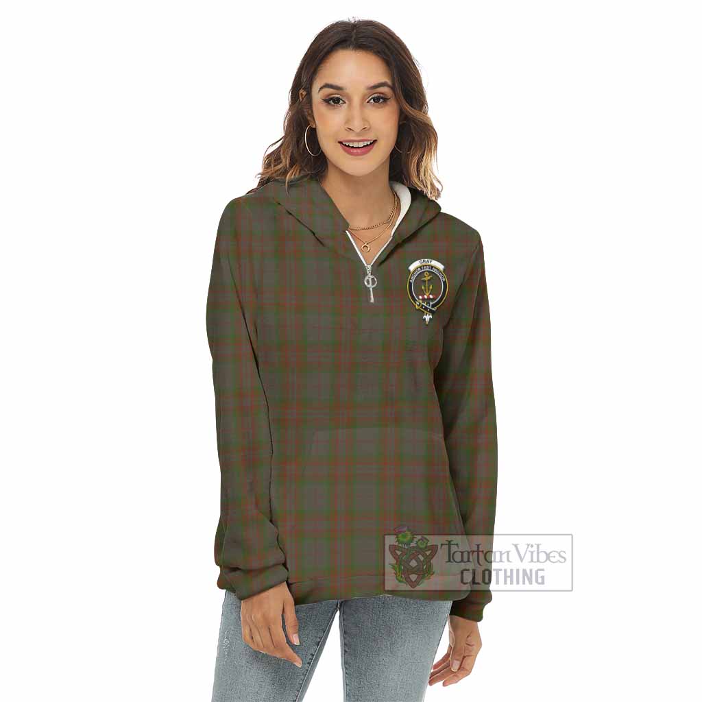 Gray Tartan Women's Borg Fleece Hoodie with Half Zip with Family Crest - Tartan Vibes Clothing