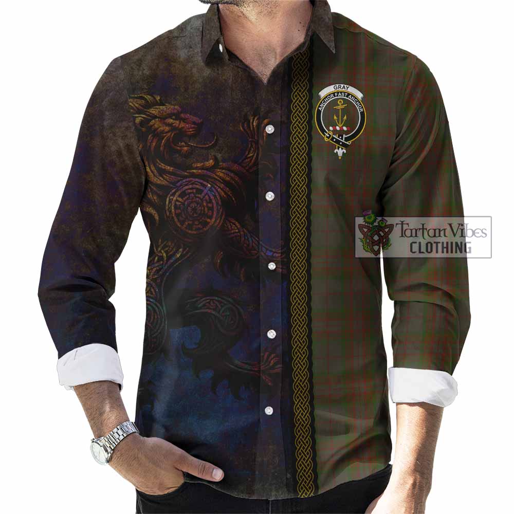 Gray Tartan Family Crest Long Sleeve Button Shirt Alba Gu Brath Be Brave Lion Ancient Style - Tartan Vibes Clothing