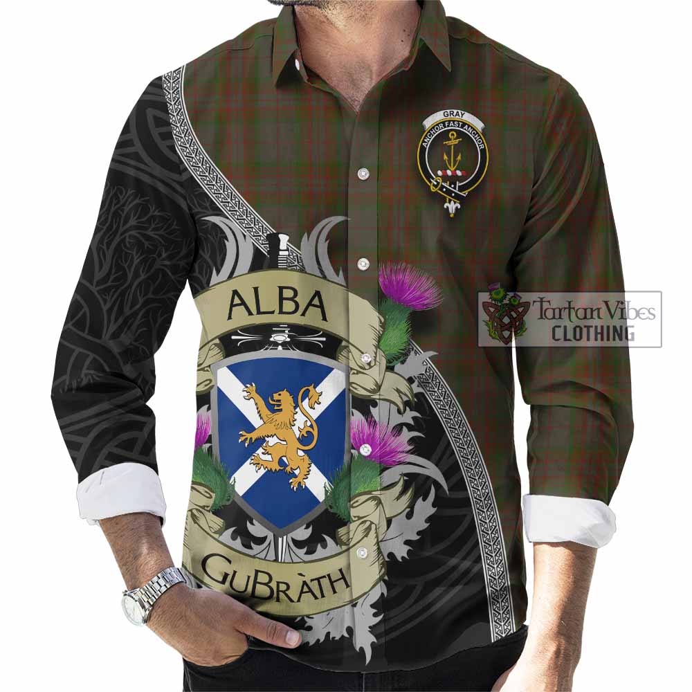 Gray Tartan Family Crest Long Sleeve Button Shirt Lion Rampant Royal Thistle Shield Celtic Inspired - Tartan Vibes Clothing