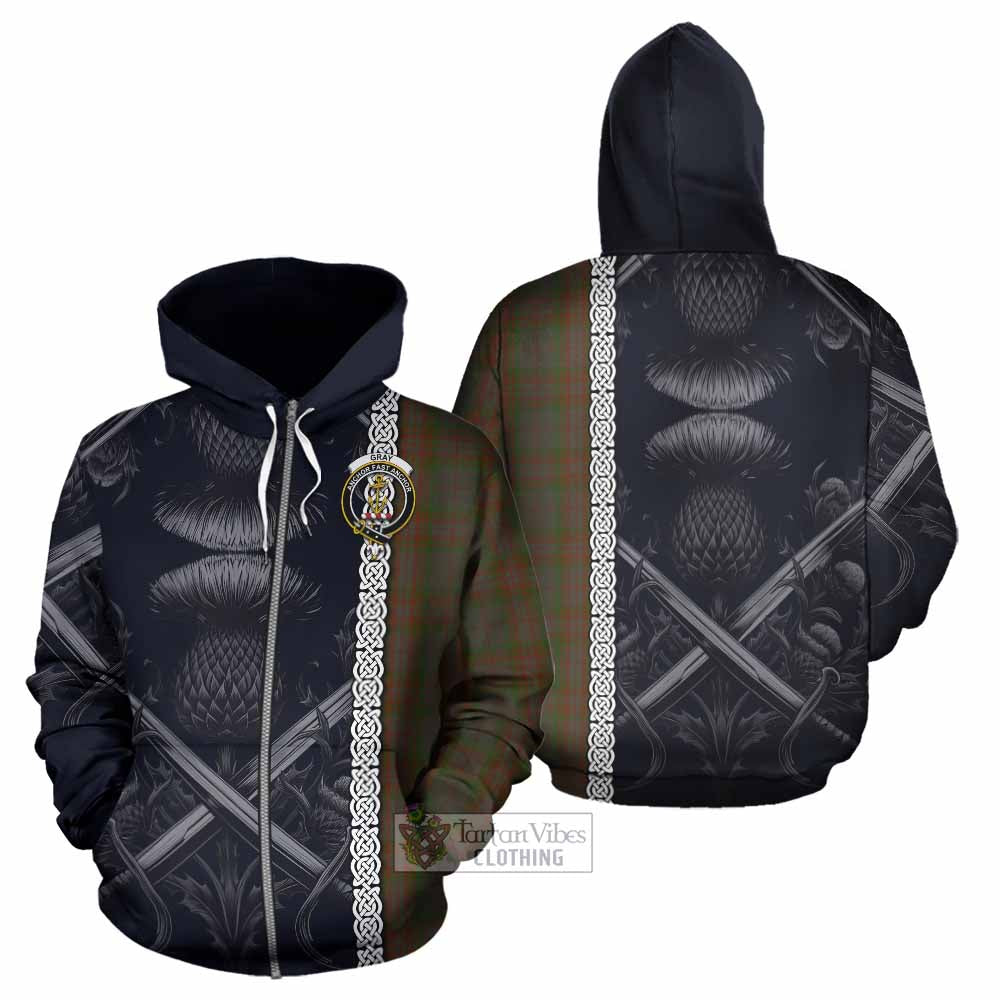 Gray Tartan Hoodie with Family Crest Cross Sword Thistle Celtic Vibes Zip Hoodie - Tartan Vibes Clothing