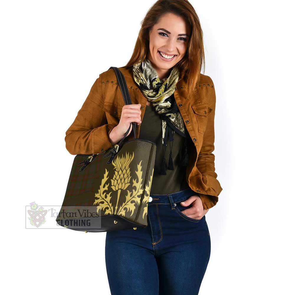 Gray Tartan Leather Tote Bag Gold Thistle Style - Tartan Vibes Clothing