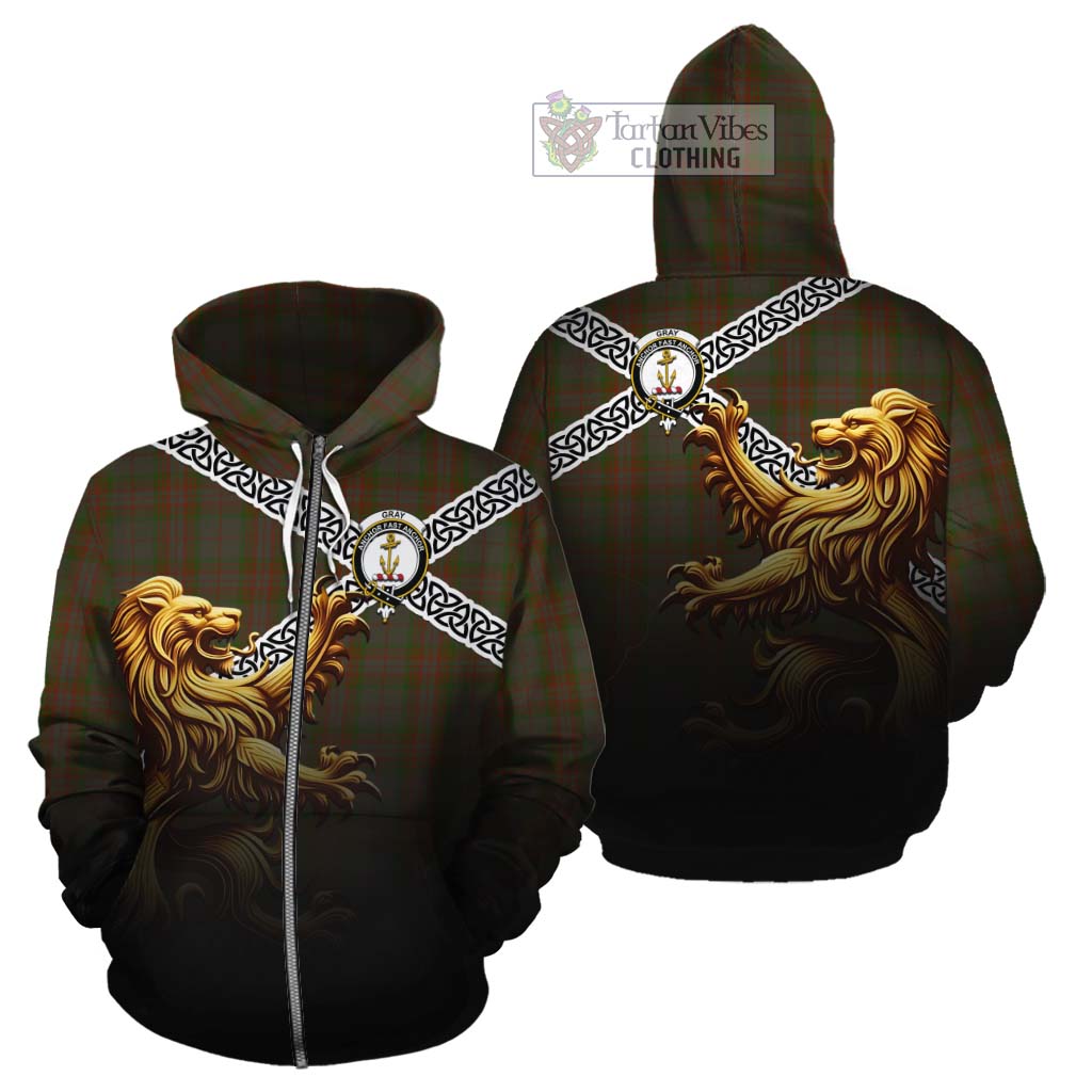 Gray Crest Tartan Cotton Hoodie with Golden Lion Emblem Celtic Style Zip Hoodie - Tartan Vibes Clothing