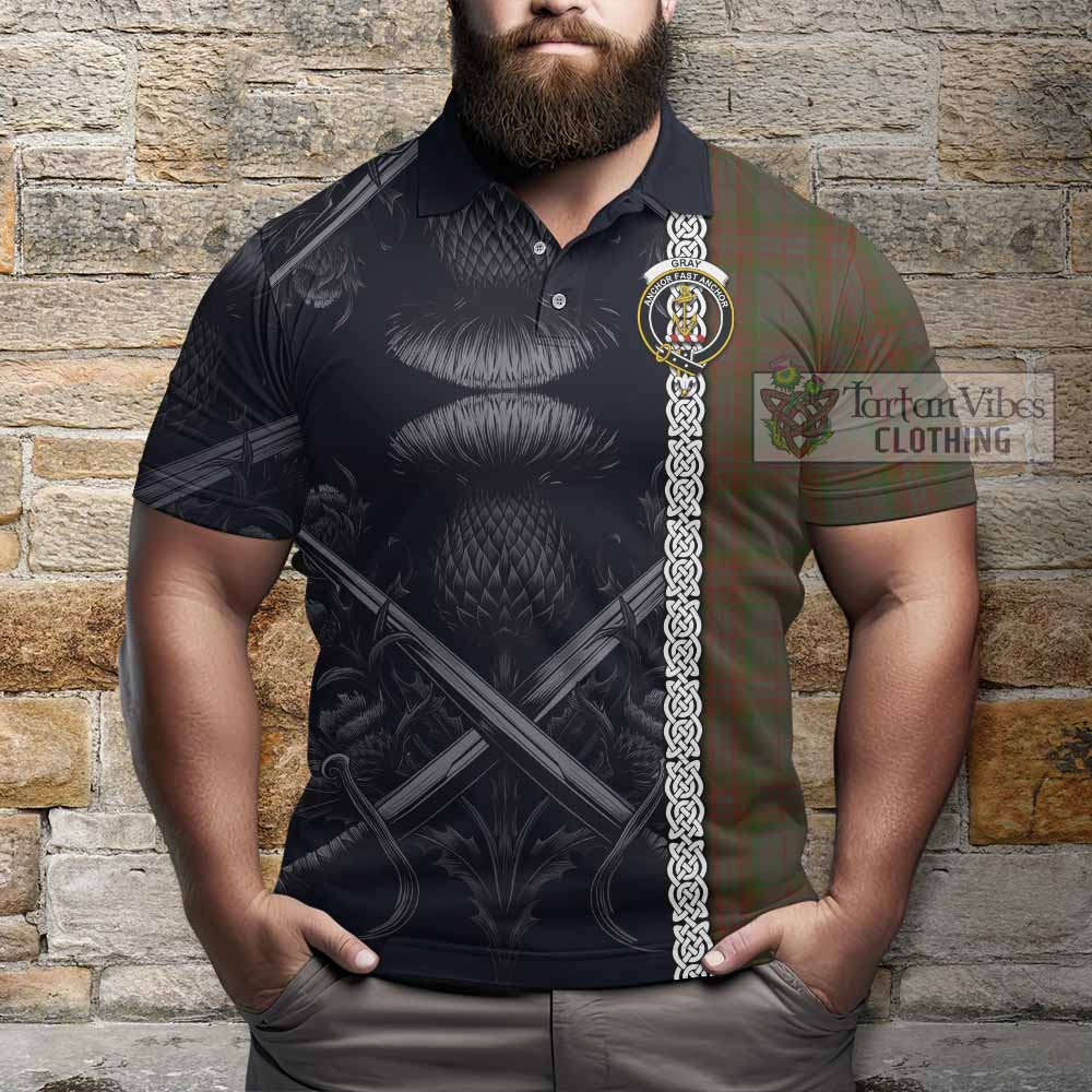 Gray Tartan Polo Shirt with Family Crest Cross Sword Thistle Celtic Vibes - Tartan Vibes Clothing