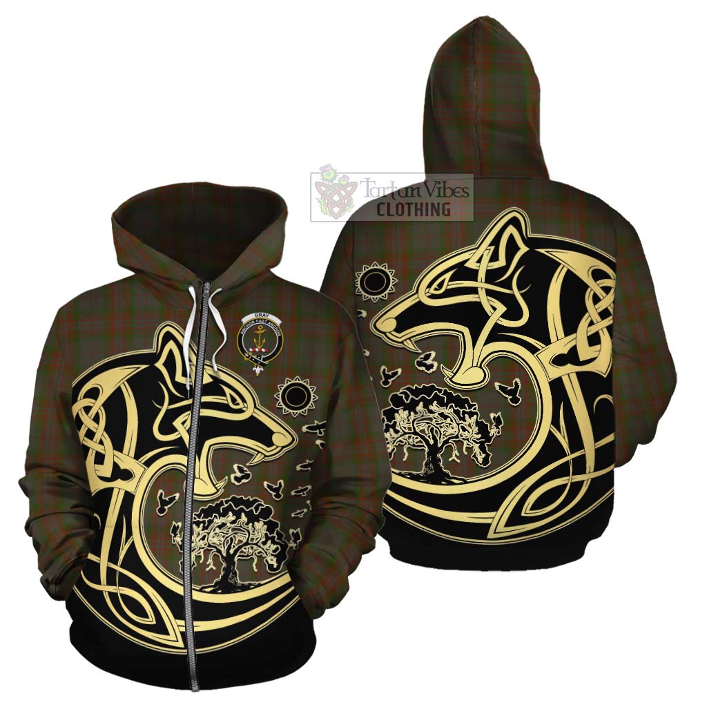 Gray Tartan Cotton Hoodie with Family Crest Celtic Wolf Style - Tartan Vibes Clothing