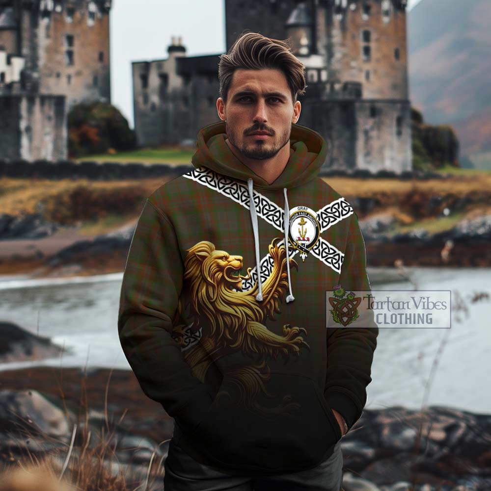 Gray Crest Tartan Cotton Hoodie with Golden Lion Emblem Celtic Style - Tartan Vibes Clothing