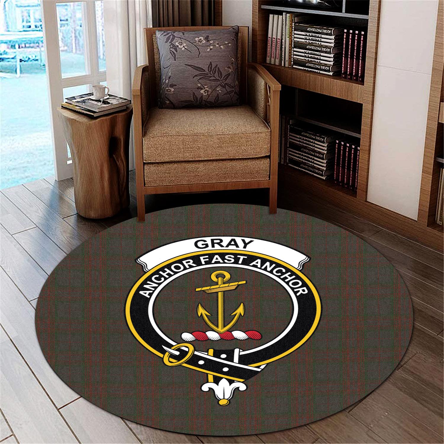 Gray Tartan Round Rug with Family Crest - Tartan Vibes Clothing