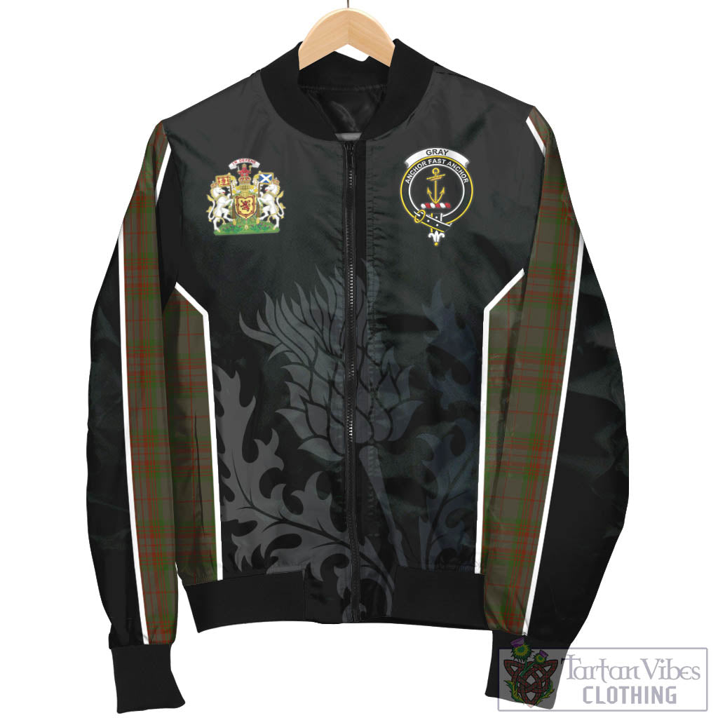 Gray Tartan Bomber Jacket with Family Crest and Scottish Thistle Vibes Sport Style - Tartan Vibes Clothing