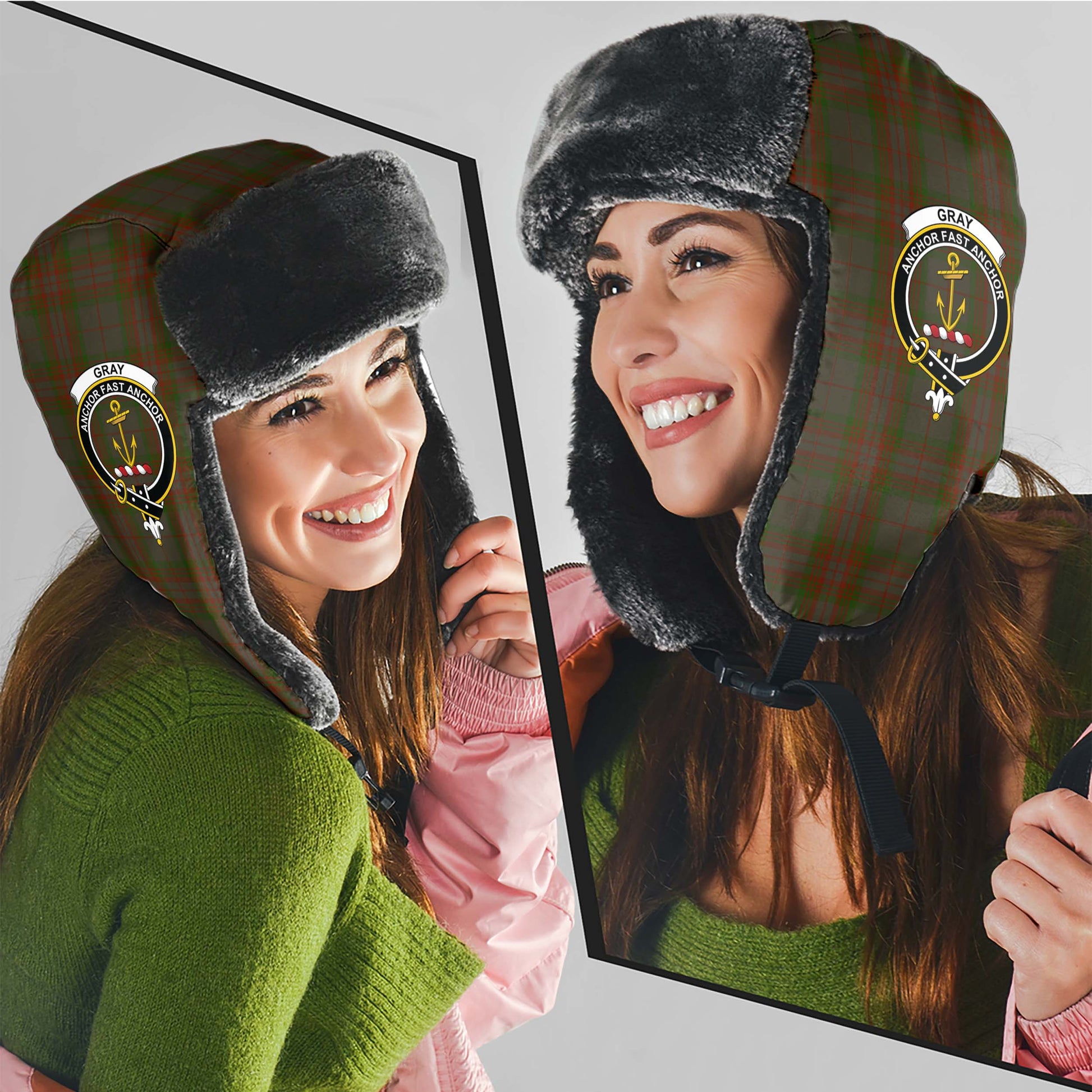 Gray Tartan Winter Trapper Hat with Family Crest - Tartan Vibes Clothing