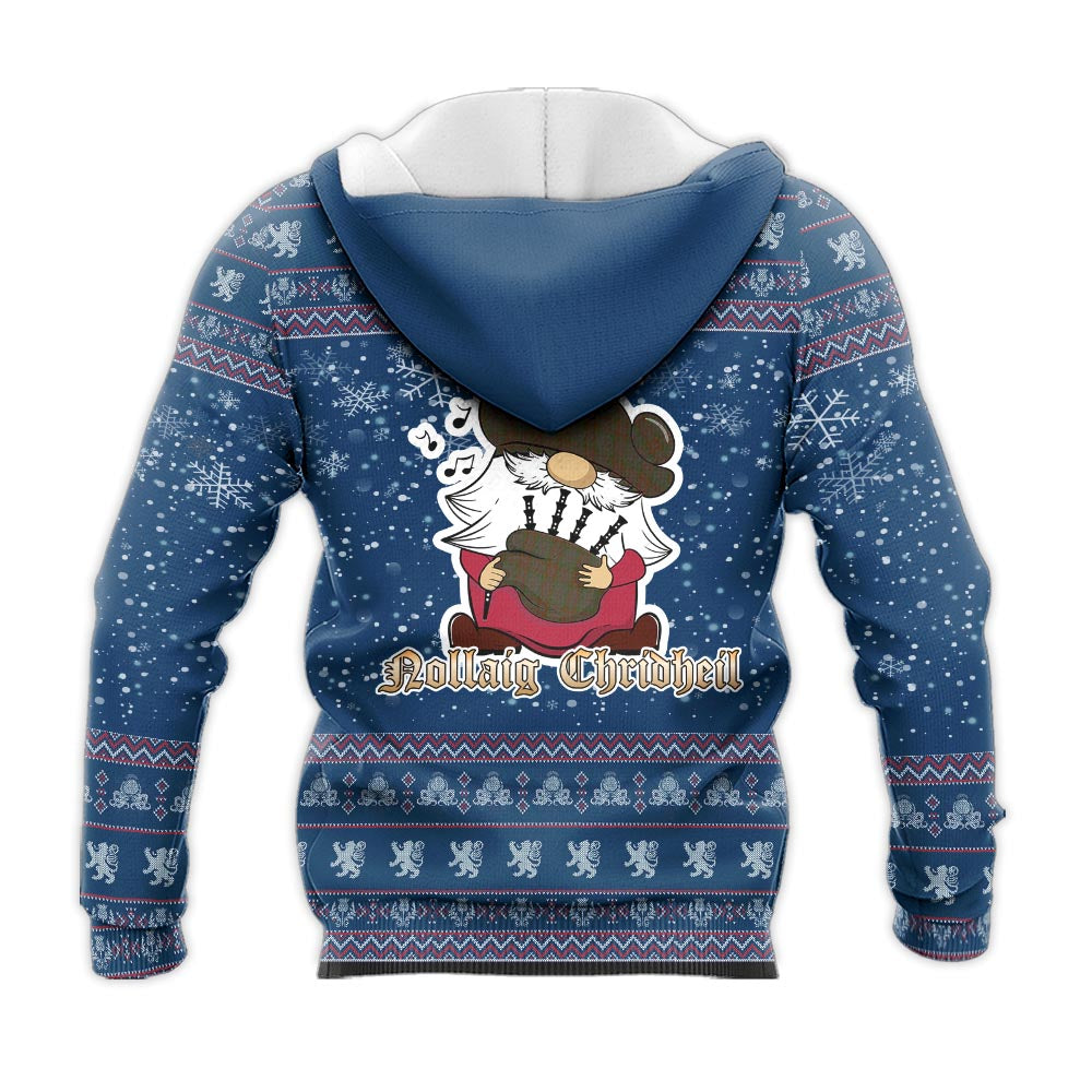 Gray Clan Christmas Knitted Hoodie with Funny Gnome Playing Bagpipes - Tartanvibesclothing