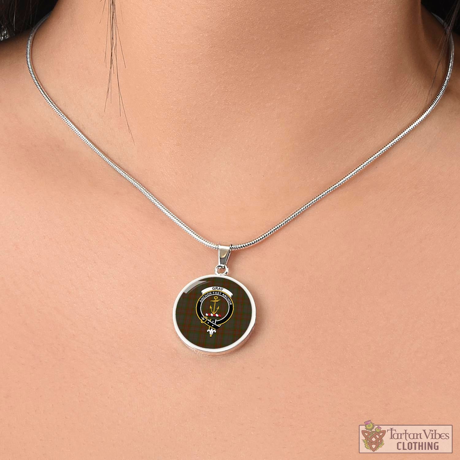 Gray Tartan Circle Necklace with Family Crest - Tartan Vibes Clothing