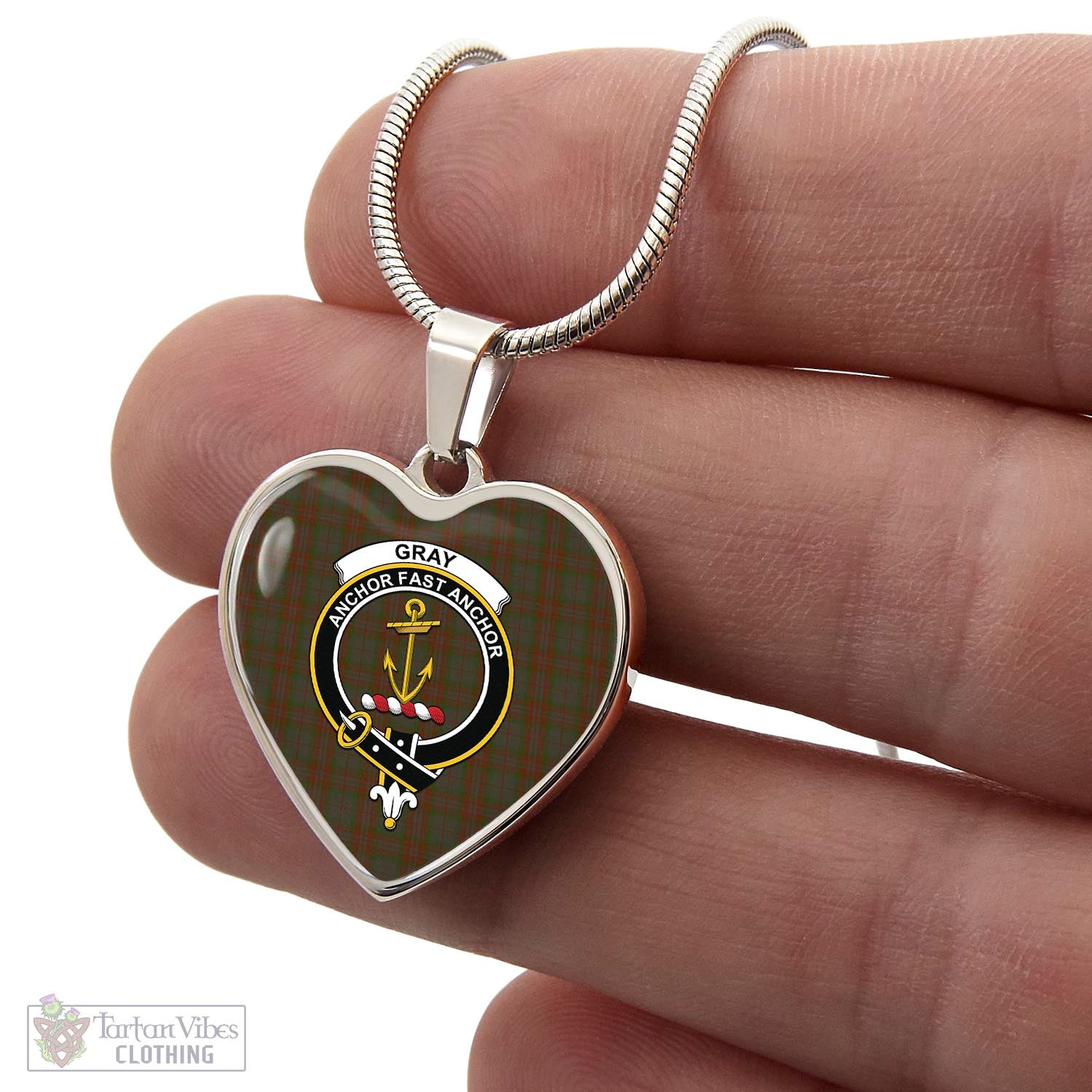 Gray Tartan Heart Necklace with Family Crest - Tartan Vibes Clothing