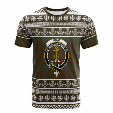 Gray Clan Tartan Christmas Cotton T-shirt with Family Crest - Tartan Vibes Clothing