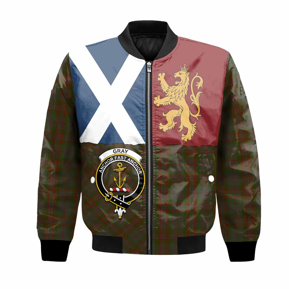 Gray Crest Tartan Bomber Jacket with Lion Rampant Saltire Style