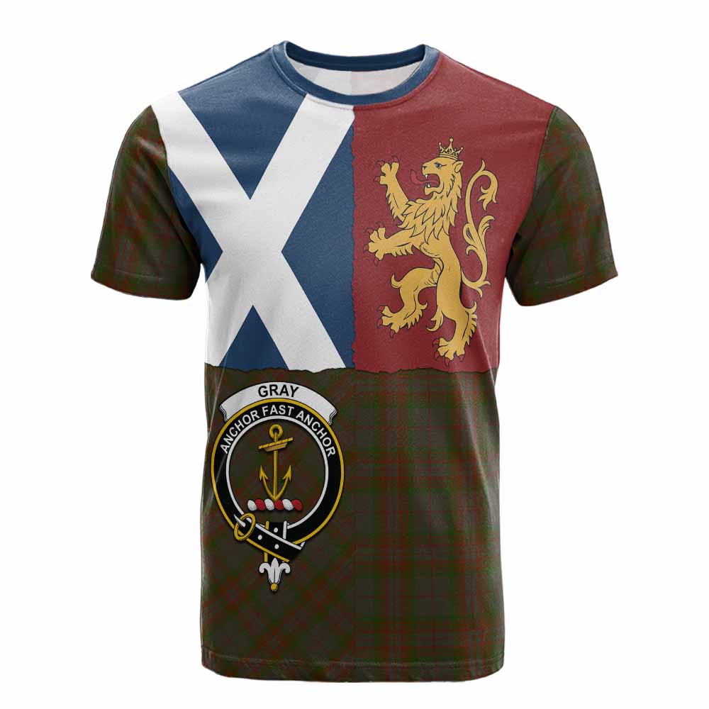 Gray Crest Tartan Cotton T-shirt with Lion Rampant Saltire Style - Tartan Vibes Clothing