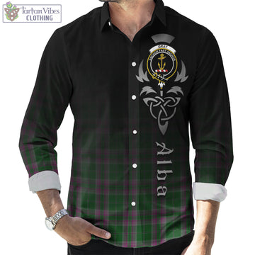 Gray Hunting Tartan Long Sleeve Button Up Featuring Alba Gu Brath Family Crest Celtic Inspired