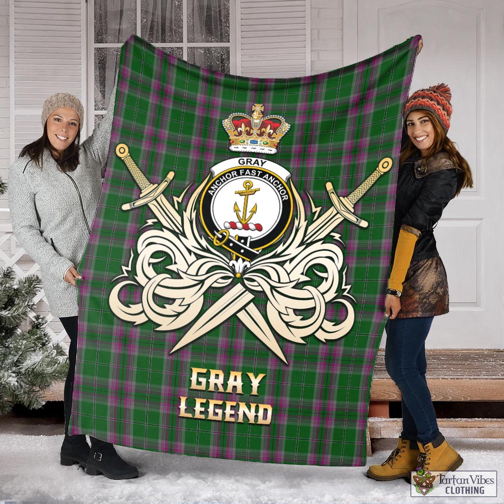 Tartan Vibes Clothing Gray Hunting Tartan Blanket with Clan Crest and the Golden Sword of Courageous Legacy