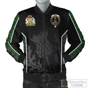 Gray Hunting Tartan Bomber Jacket with Family Crest and Scottish Thistle Vibes Sport Style