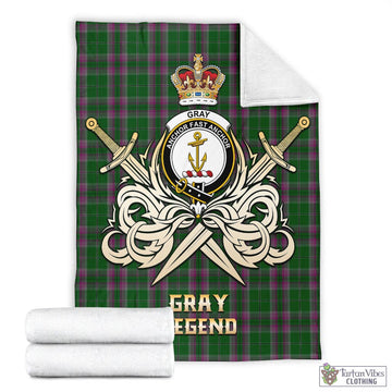 Gray Hunting Tartan Blanket with Clan Crest and the Golden Sword of Courageous Legacy