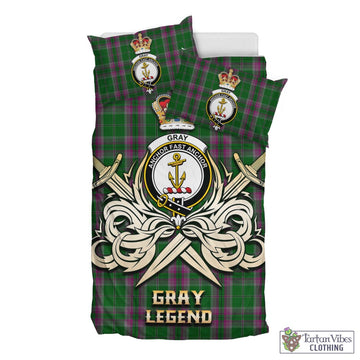 Gray Hunting Tartan Bedding Set with Clan Crest and the Golden Sword of Courageous Legacy