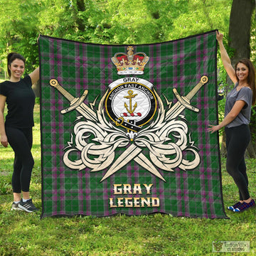 Gray Hunting Tartan Quilt with Clan Crest and the Golden Sword of Courageous Legacy