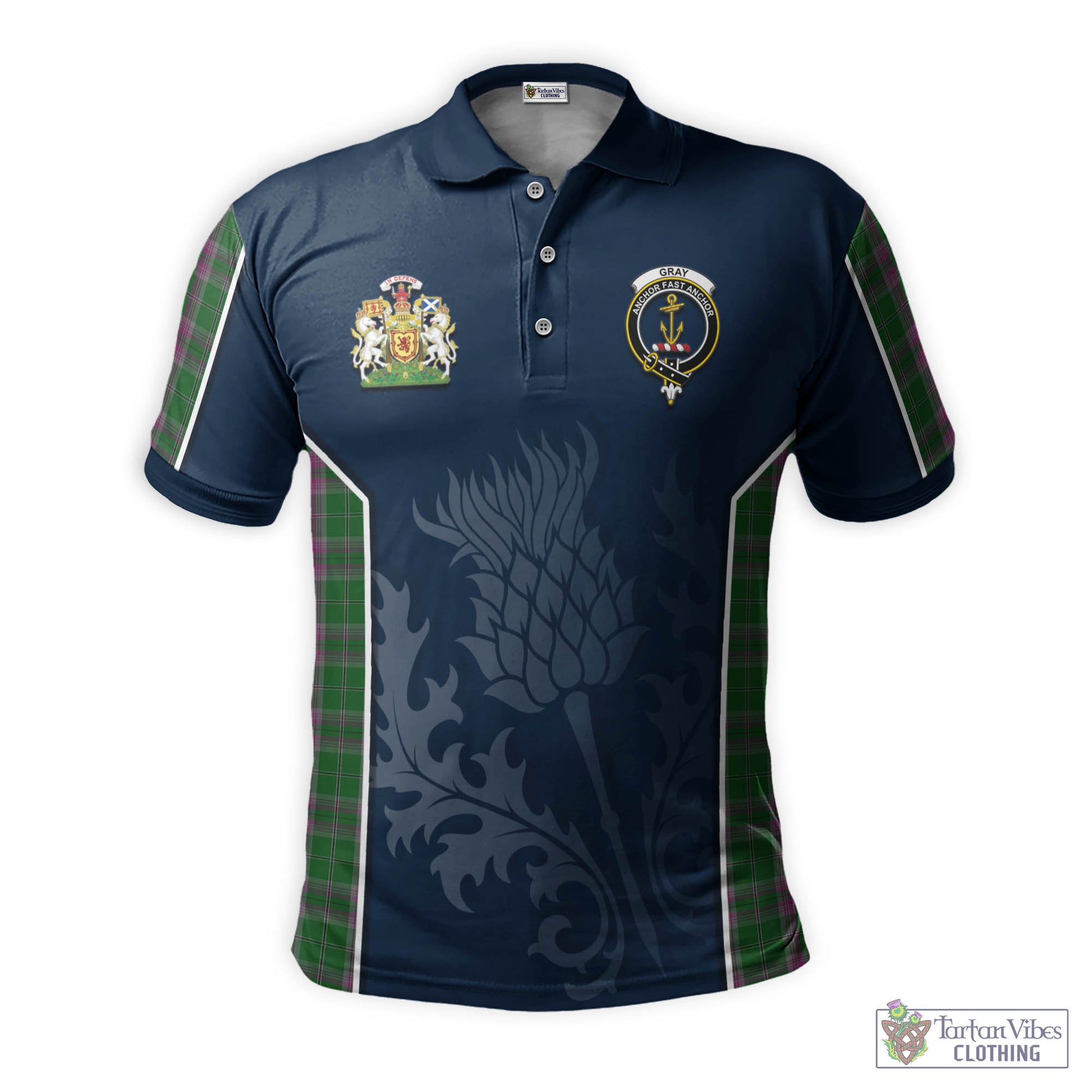 Tartan Vibes Clothing Gray Hunting Tartan Men's Polo Shirt with Family Crest and Scottish Thistle Vibes Sport Style