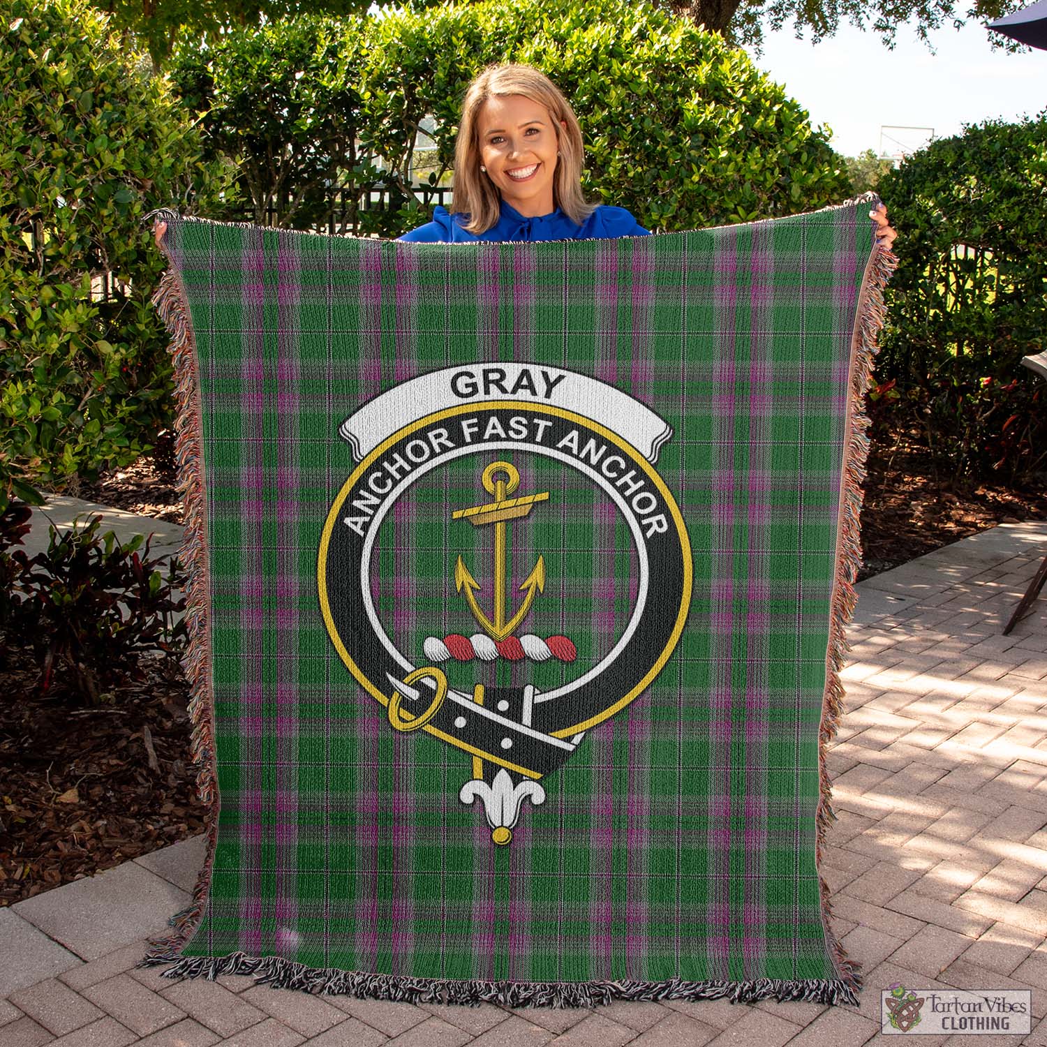 Tartan Vibes Clothing Gray Hunting Tartan Woven Blanket with Family Crest