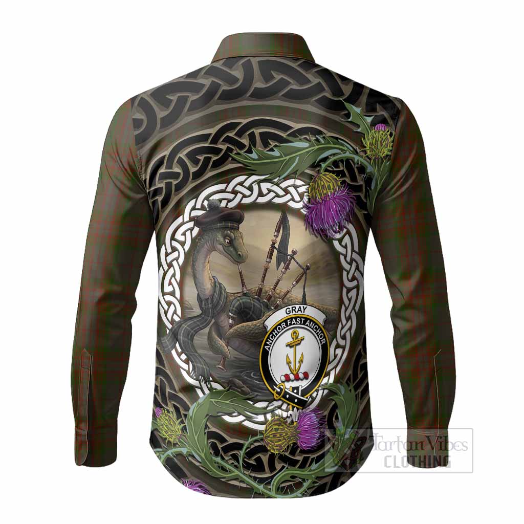 Gray Tartan Crest Bagpipe Nessie Long Sleeve Button Shirts Scottish Loch Ness Monster Celtic Thistle