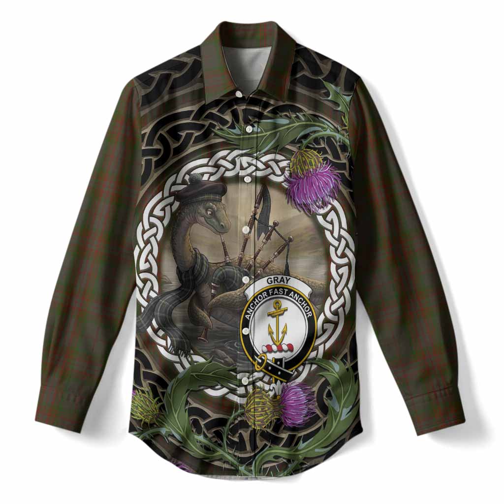 Gray Tartan Crest Bagpipe Nessie Women Casual Shirt Scottish Loch Ness Monster Celtic Thistle