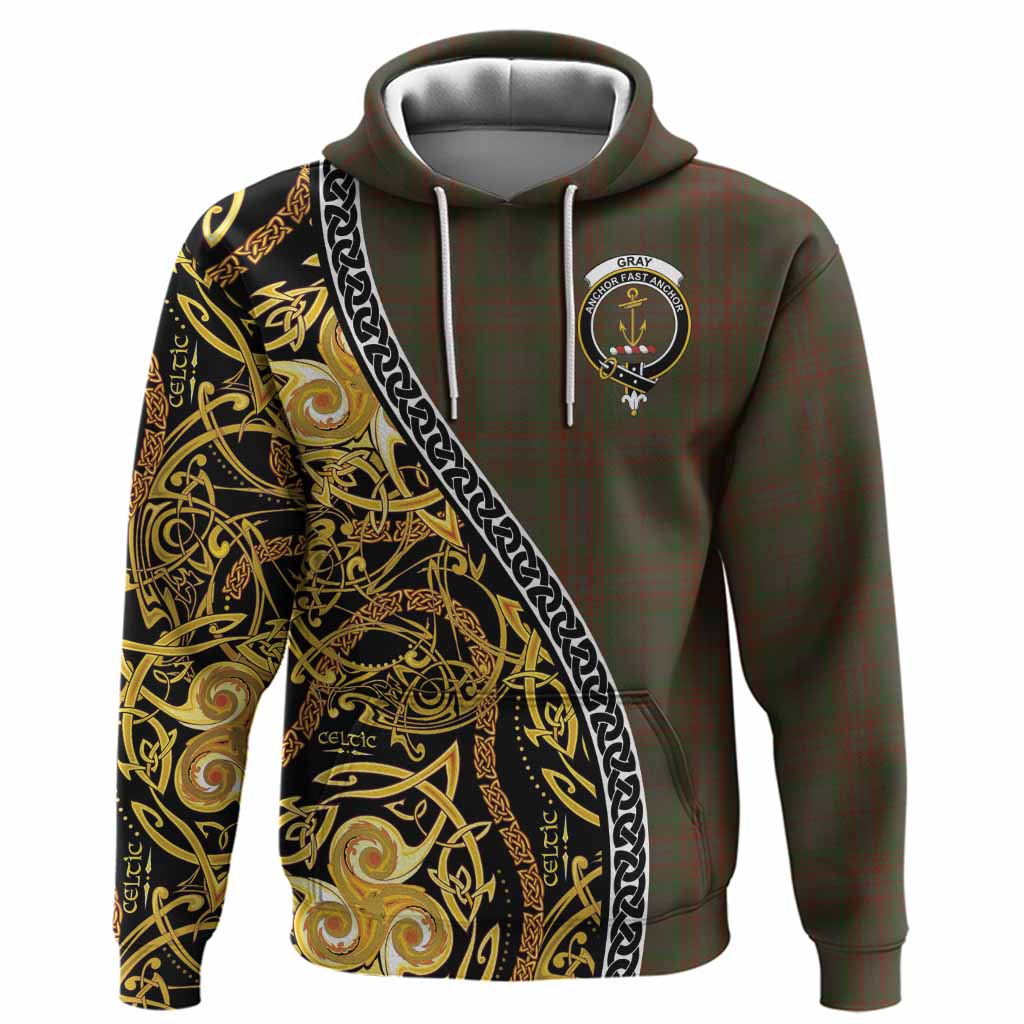 Gray Tartan Crest Hoodie Celtic Knot and Triple Trickle Spiral Symbols