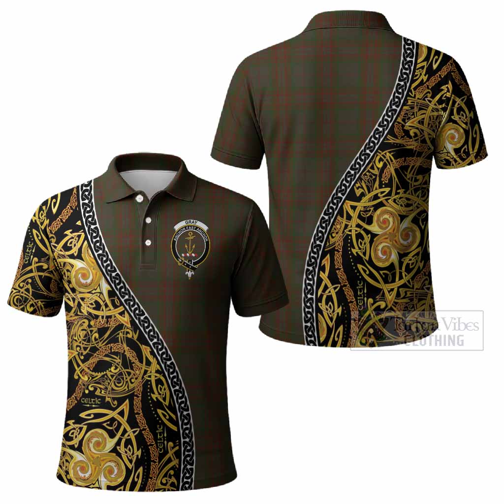 Gray Tartan Crest Polo Shirt Celtic Knot and Triple Trickle Spiral Symbols