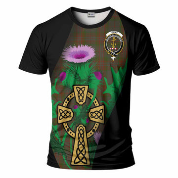 Gray Tartan Crest T-Shirt Celtic Cross Thistle Flowers
