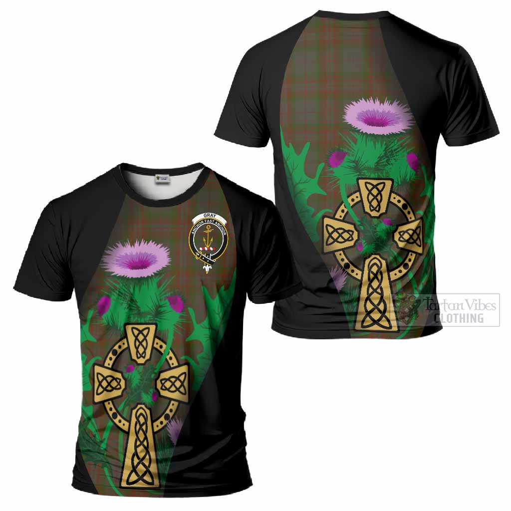 Gray Tartan Crest T-Shirt Celtic Cross Thistle Flowers