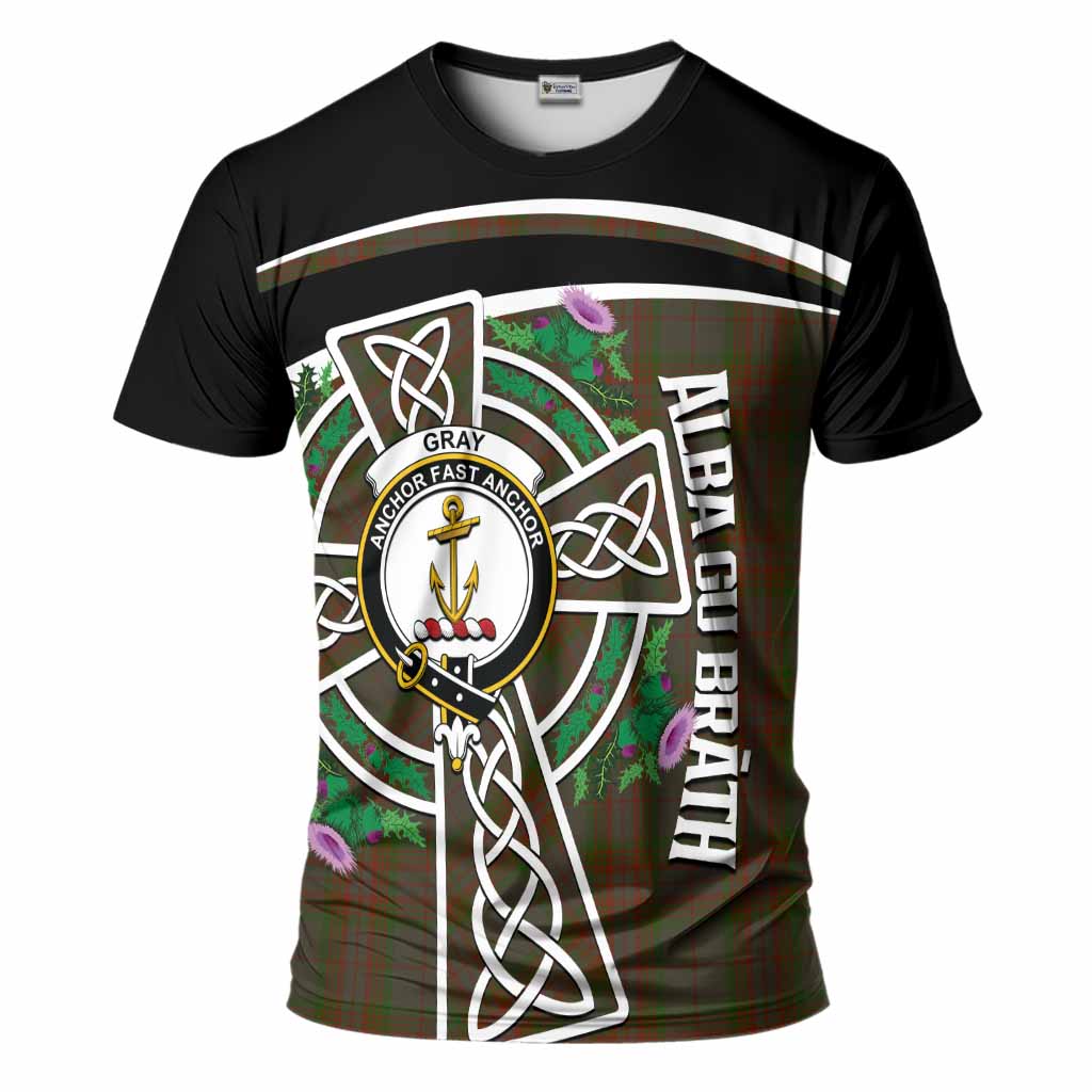 Gray Tartan Crest T-Shirt Scottish Thistle Celtic Cross Alba Gu Brath