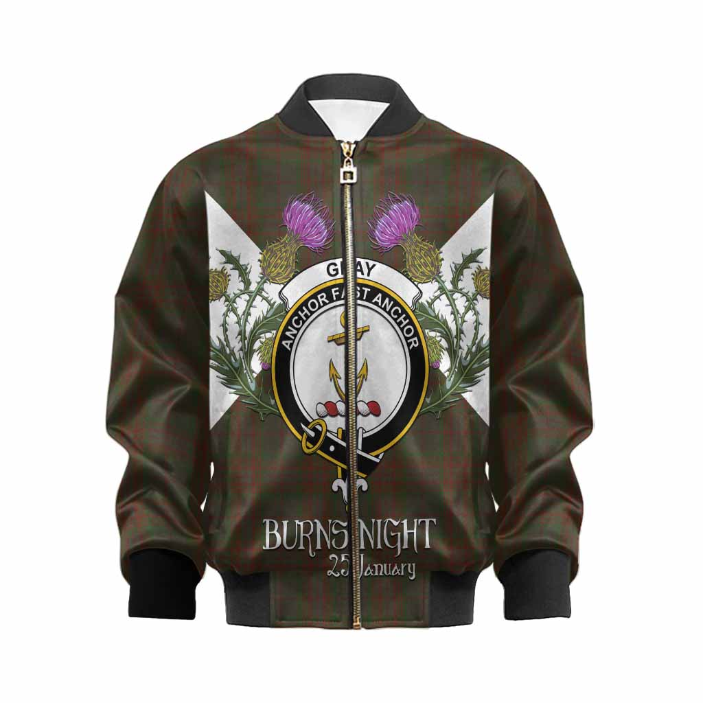 Gray Tartan Family Crest Kid Bomber Jacket Scottish Burns Night Thistle Floral