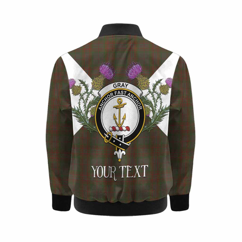 Gray Tartan Family Crest Kid Bomber Jacket Scottish Burns Night Thistle Floral