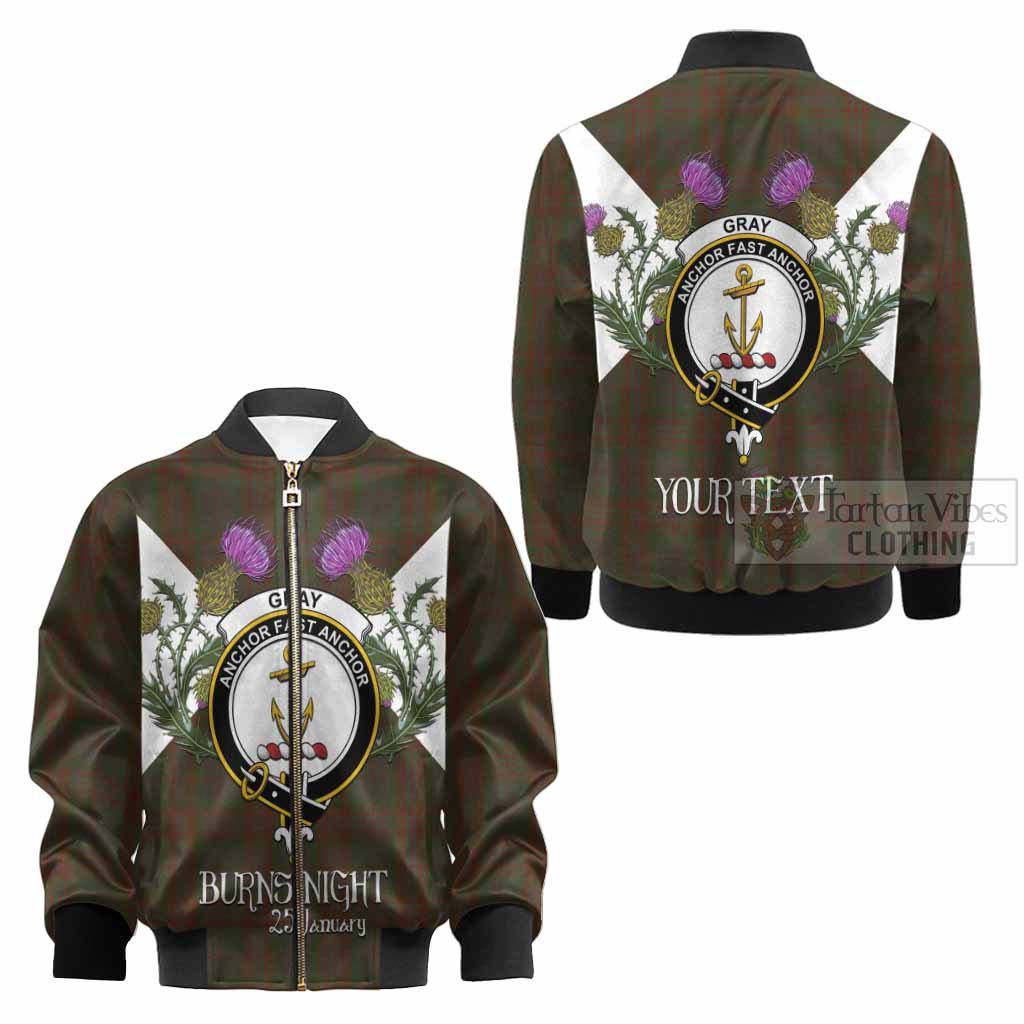Gray Tartan Family Crest Kid Bomber Jacket Scottish Burns Night Thistle Floral