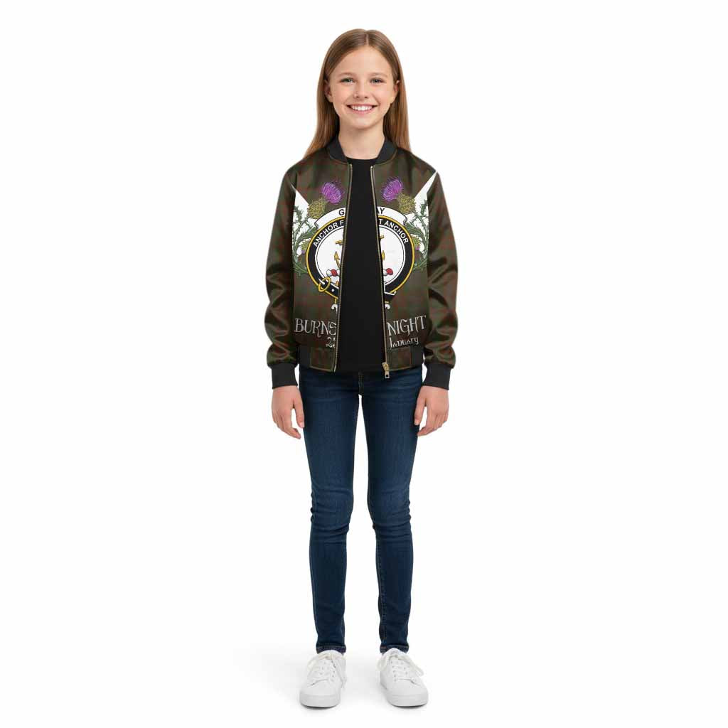 Gray Tartan Family Crest Kid Bomber Jacket Scottish Burns Night Thistle Floral
