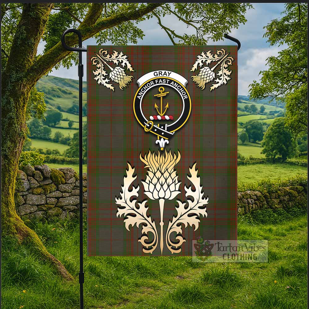 Gray Tartan Garden Flag with Golden Regal Scottish Thistle Emblem - Tartan Vibes Clothing