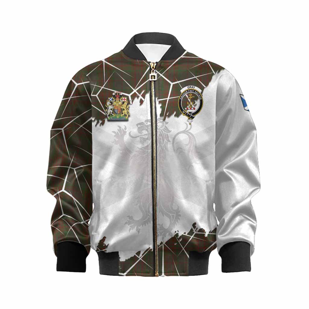 Gray Tartan Kid Bomber Jacket with Family Crest and Lion Rampant Grunge Style