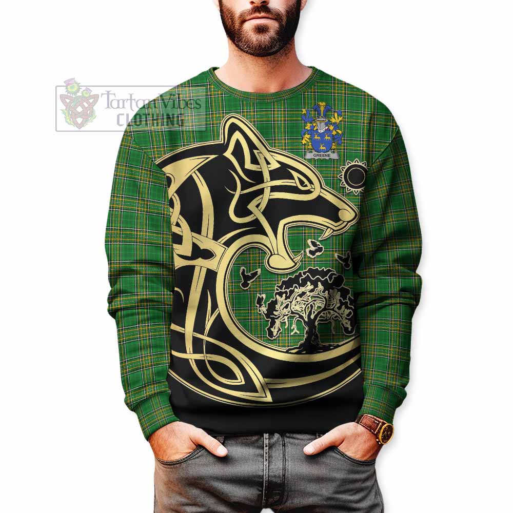 Greene Irish Tartan Sweatshirt with Coat of Arms Celtic Wolf Style - Tartan Vibes Clothing