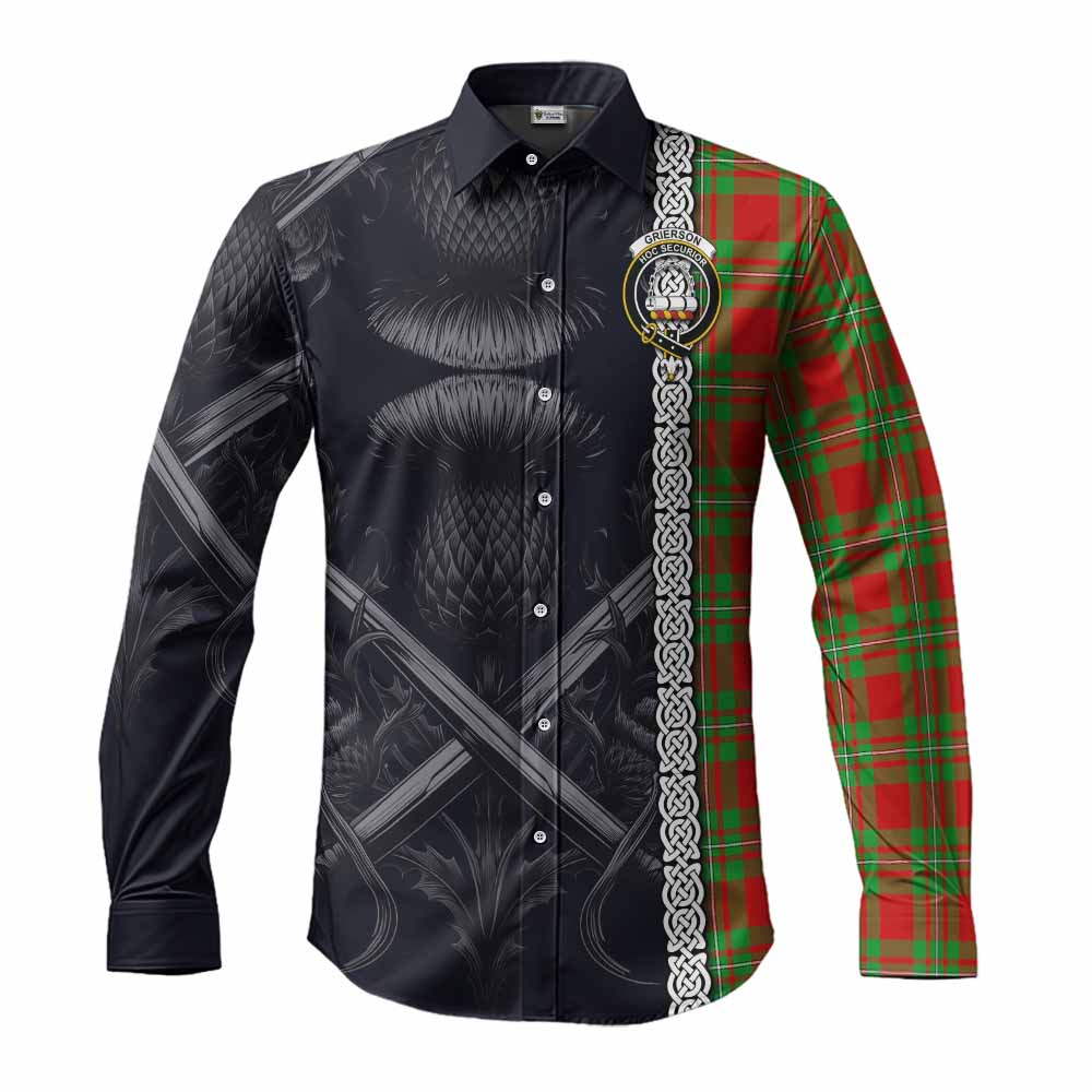 Tartan Vibes Clothing Grierson Tartan Long Sleeve Button Shirt with Family Crest Cross Sword Thistle Celtic Vibes