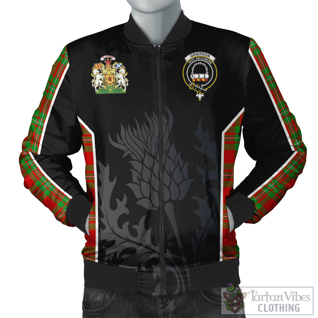 Grierson Tartan Bomber Jacket with Family Crest and Scottish Thistle Vibes Sport Style Unisex Black - Tartan Vibes Clothing