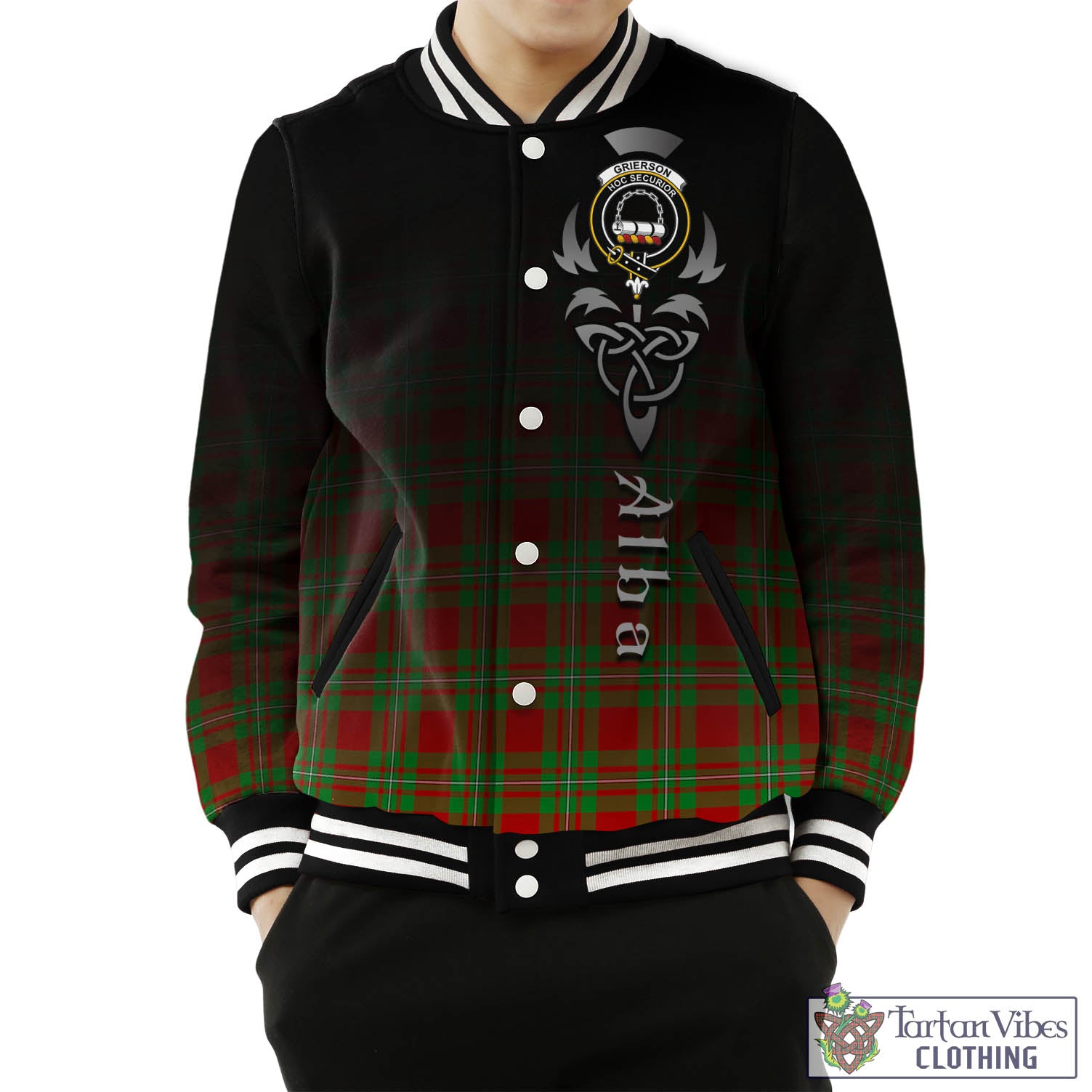 Grierson Tartan Baseball Jacket Featuring Alba Gu Brath Family Crest Celtic Inspired Unisex - Tartan Vibes Clothing