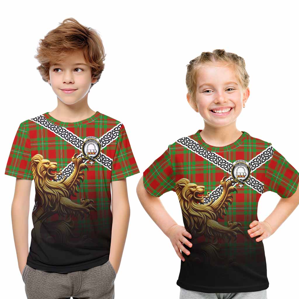 Grierson Crest Tartan Kid T-Shirt with Golden Lion Emblem Celtic Style Youth XL Size14 - Tartan Vibes Clothing