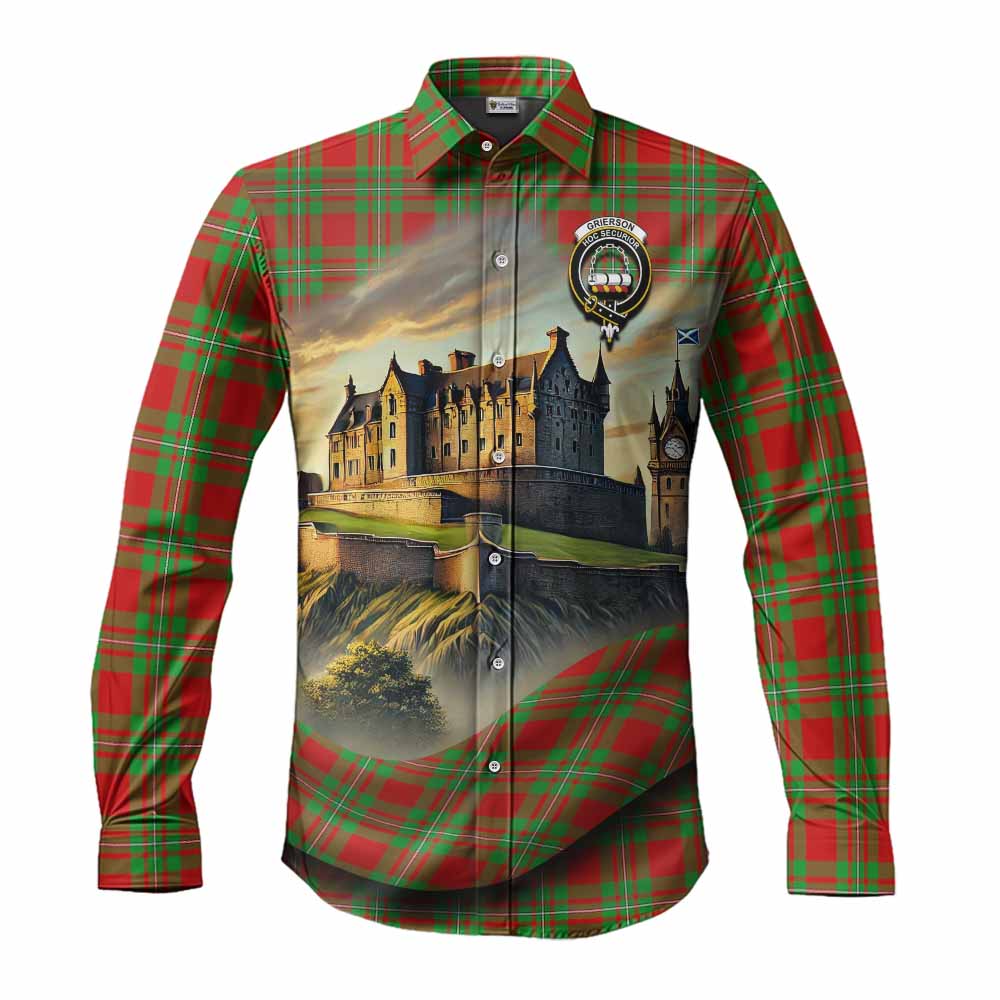 Tartan Vibes Clothing Grierson Tartan Family Crest Long Sleeve Button Shirt with Scottish Ancient Castle Style