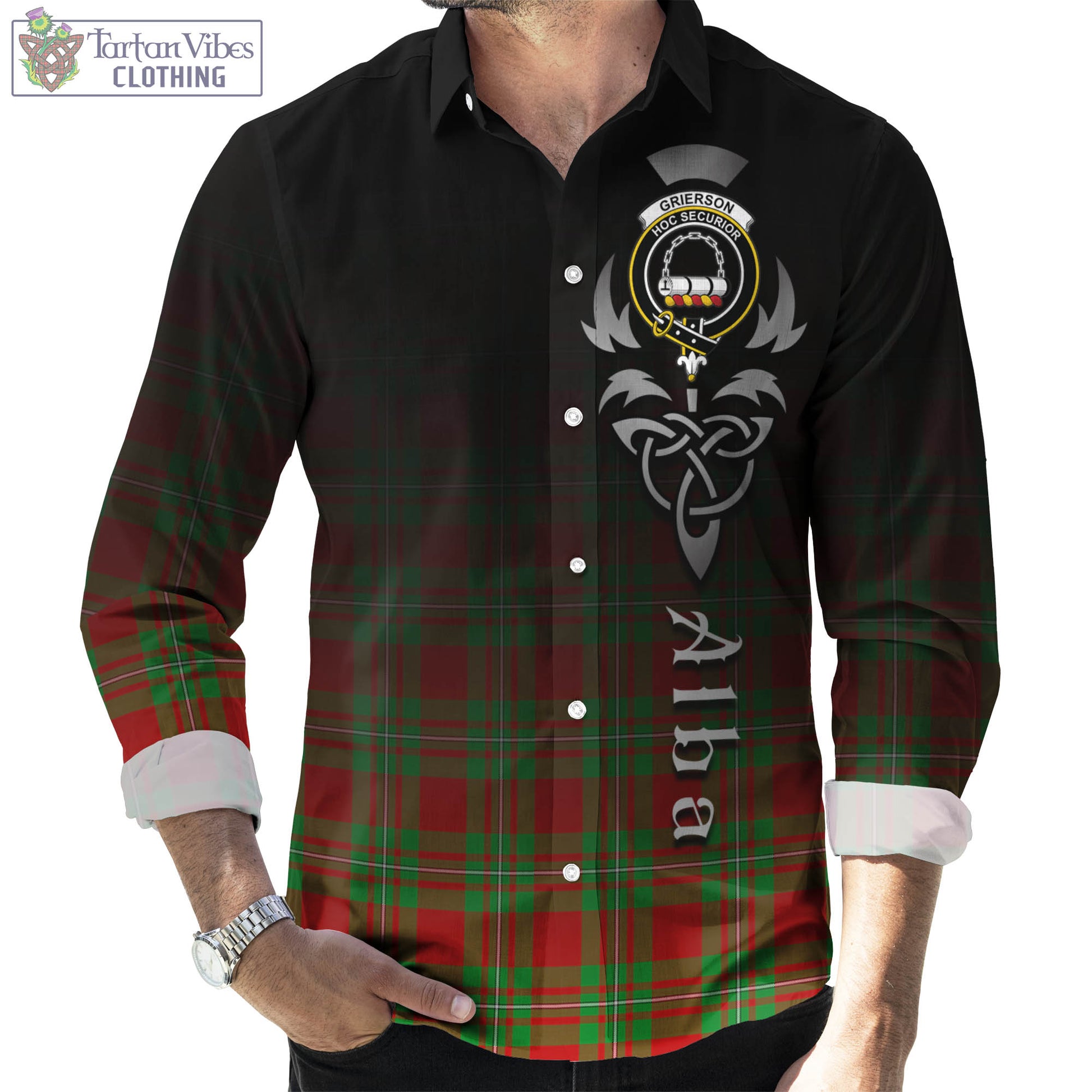 Grierson Tartan Long Sleeve Button Up Featuring Alba Gu Brath Family Crest Celtic Inspired Men's Shirt - Tartan Vibes Clothing