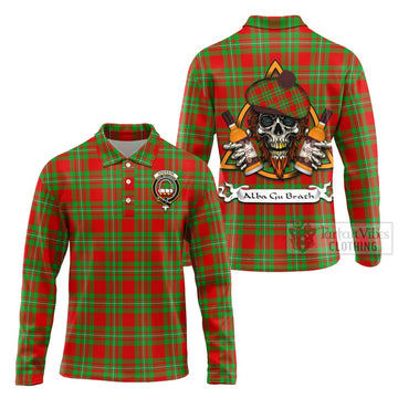 Grierson Tartan Long Sleeve Polo Shirt with Family Crest and Bearded Skull Holding Bottles of Whiskey Unisex - Tartan Vibes Clothing